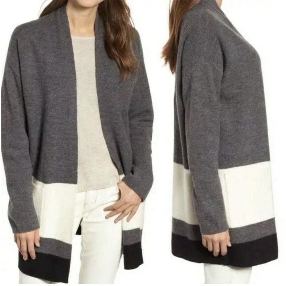 Eileen Fisher 100% Merino Wool Colorblock Cardigan Sweater S Gray Open Front